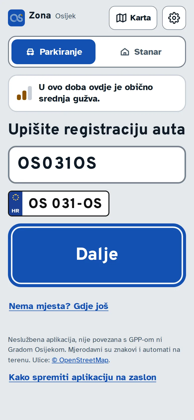 Ekran: Upišite registraciju auta, upisano OS-031-OS