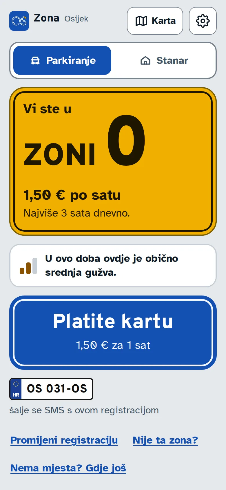 Aplikacija: Vi ste u zoni 0, 1,50 € po satu, veliki gumb Platite kartu i registracija OS-031-OS