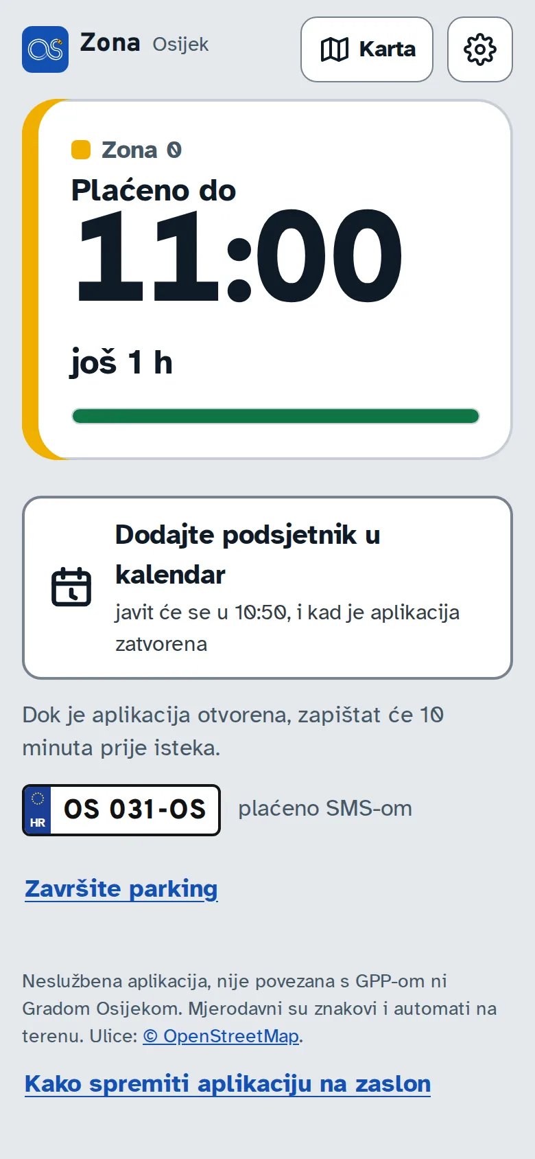 Ekran: Plaćeno do, preostalo vrijeme i gumb Dodajte podsjetnik u kalendar